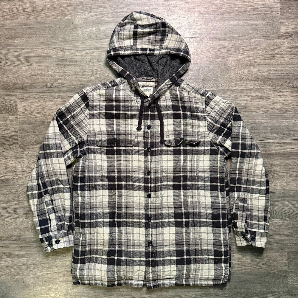 L.L. Bean Men's Fleece-Lined Hooded Flannel Shirt Jacket - Grey/White Plaid